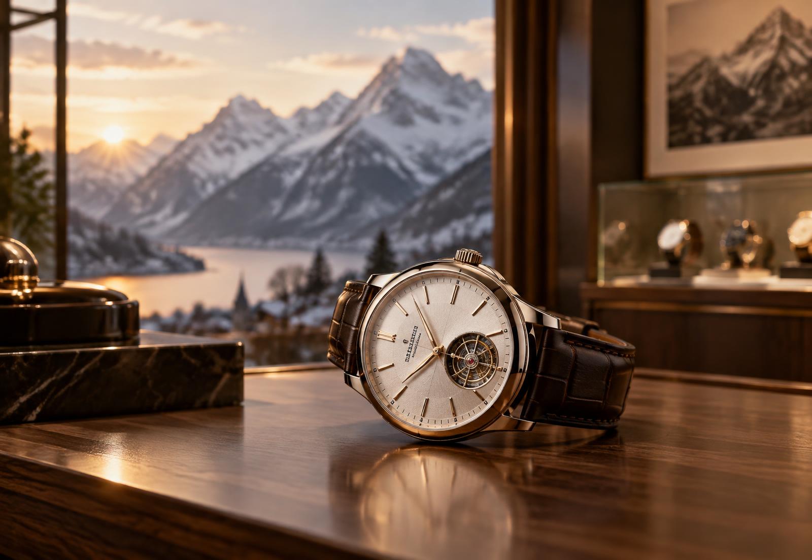 A fine Swiss watch on a boutique counter with Alpine peaks beyond the window