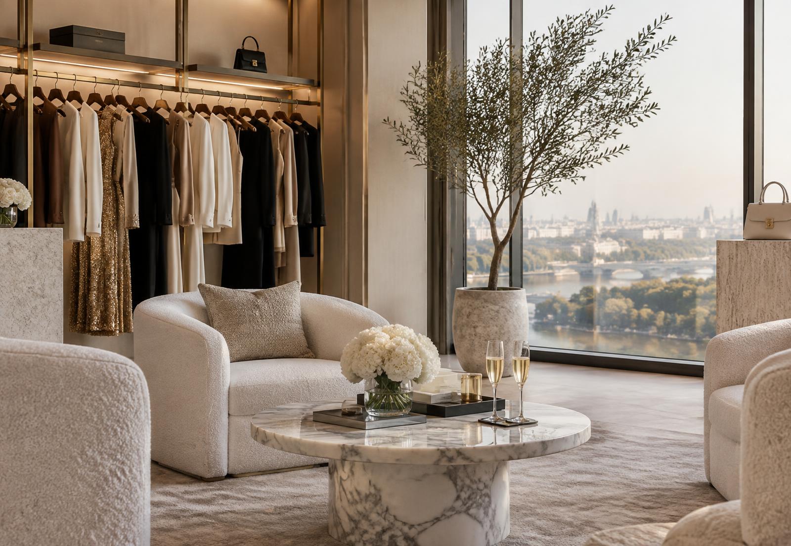 A quiet private shopping lounge with ivory armchairs and a marble table